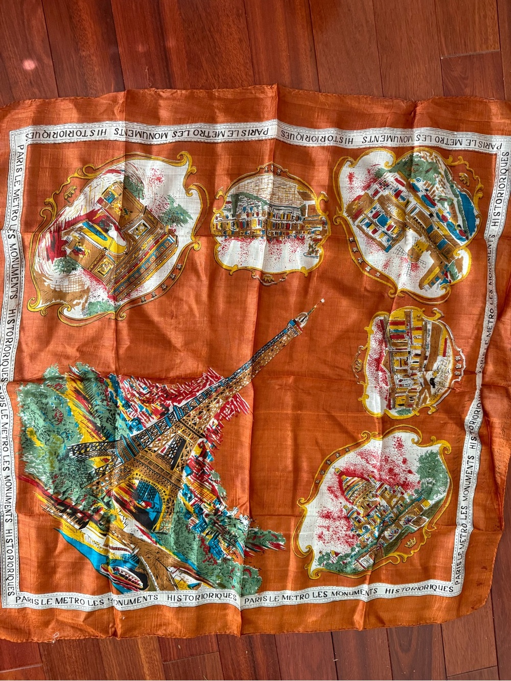 RARE Vintage Paris France Silk Scarf French Eiffel Tower, L’Arc De Triomphe Etc.
